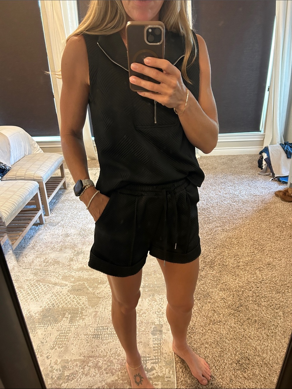 Black Sleeveless Zip-Neck Top & Drawstring Matching Shorts Set